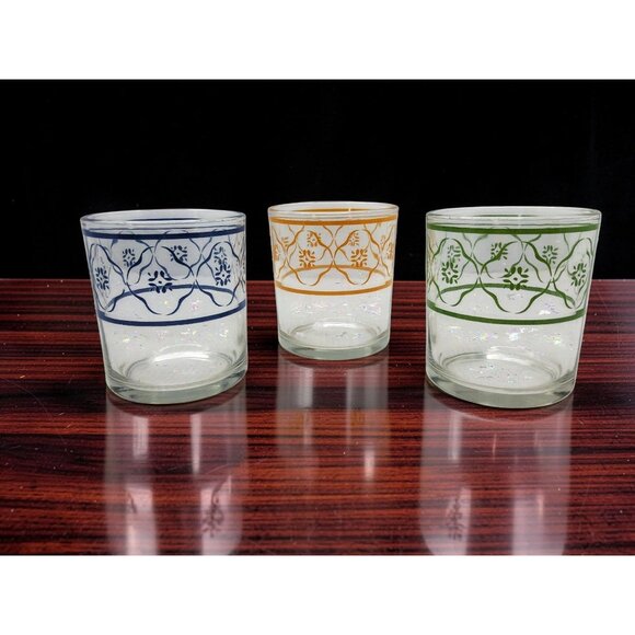 Unique Vintage Other - Vintage Floral Glass Votive Candle Holders Set Of 3, Blue Orange Green Accents